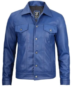 Men's Fernando Leather Trucker Blue Jacket by Jacket Field