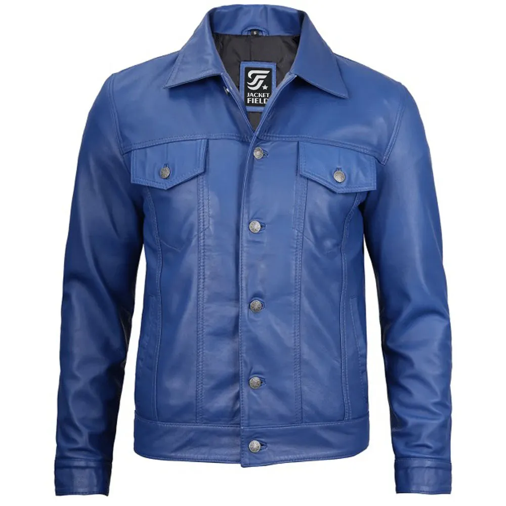 Men's Fernando Leather Trucker Blue Jacket by Jacket Field