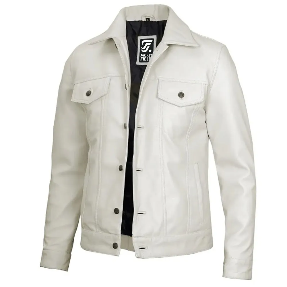 Fernando Mens Leather Trucker Off White Jacket by Jacket Field