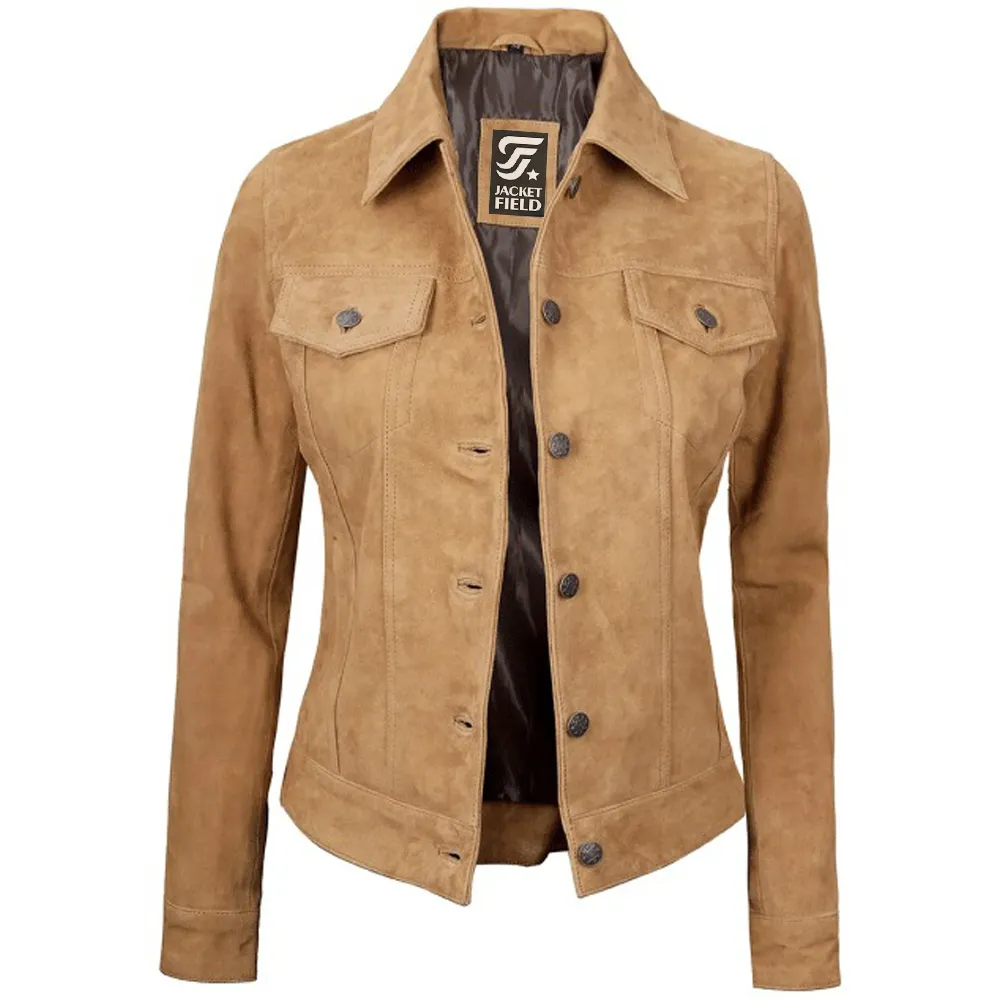 Womens Light Tan Trucker Leather Suede Jacket by Jacket Field