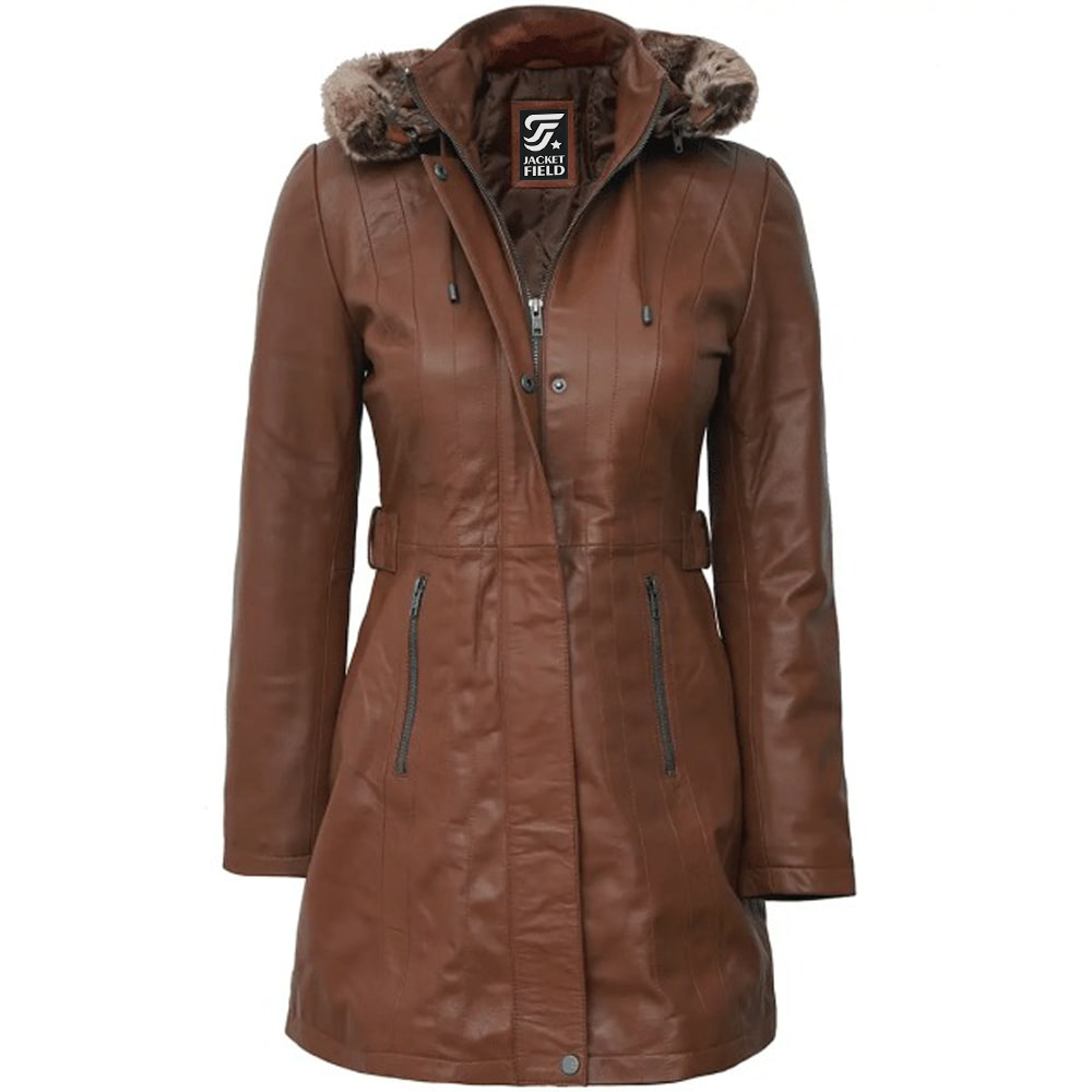 Womens Brown Leather Shearling Coat with Hooded by Jacket Field