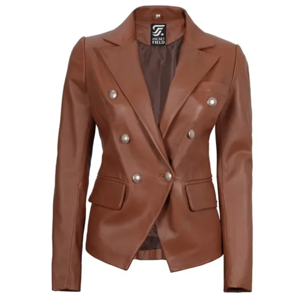 Kinley Womens Double Breasted Brown Leather Jacket by Jacket Field