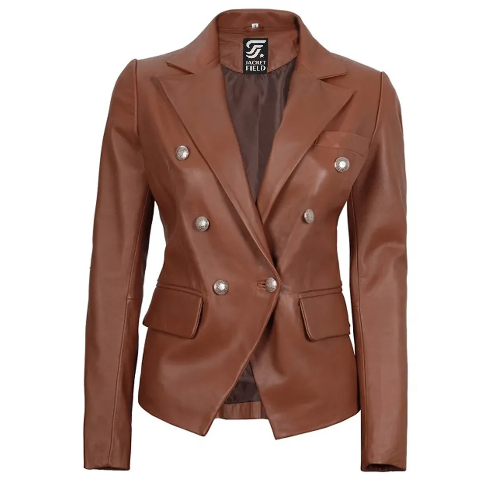 Kinley Womens Double Breasted Brown Leather Jacket by Jacket Field