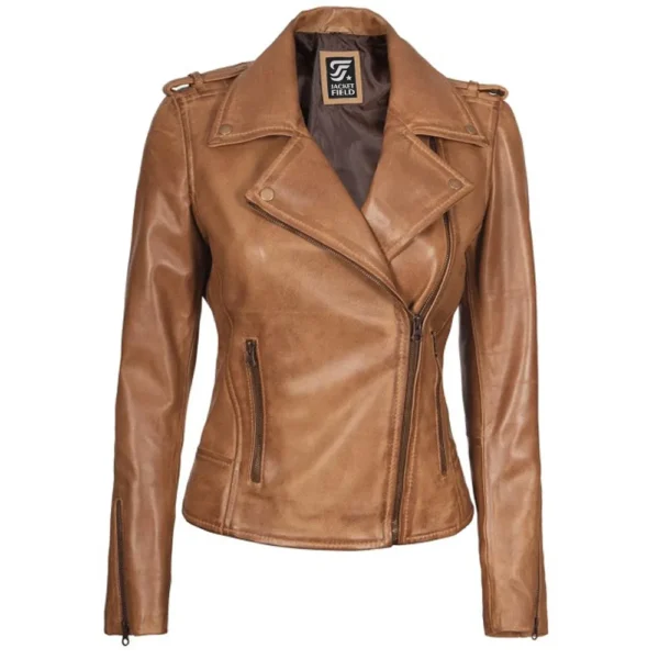 Kirsten Womens Asymmetrical Camel Brown Leather Jacket by Jacket Field