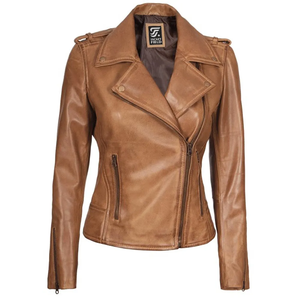 Kirsten Womens Asymmetrical Camel Brown Leather Jacket by Jacket Field