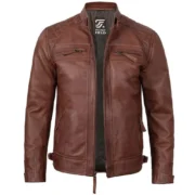 Mens Cognac Brown Leather Motorcycle Jacket Cafe Racer Style by Jacket Field