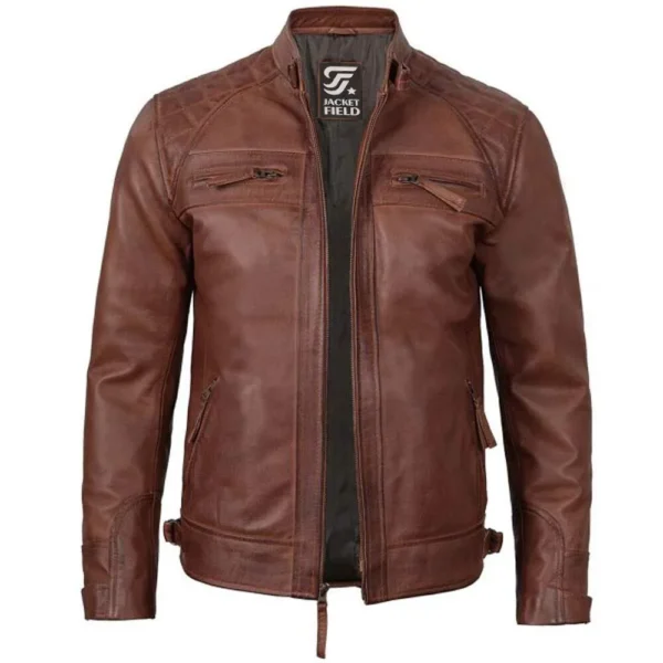 Mens Cognac Brown Leather Motorcycle Jacket Cafe Racer Style by Jacket Field