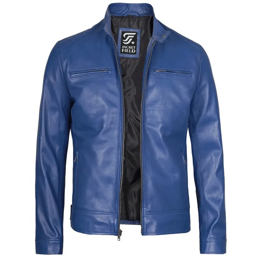 Men's Dodge Blue Racer Leather Jacket – Stylish Cafe Biker Blue Jacket By Jacket Field