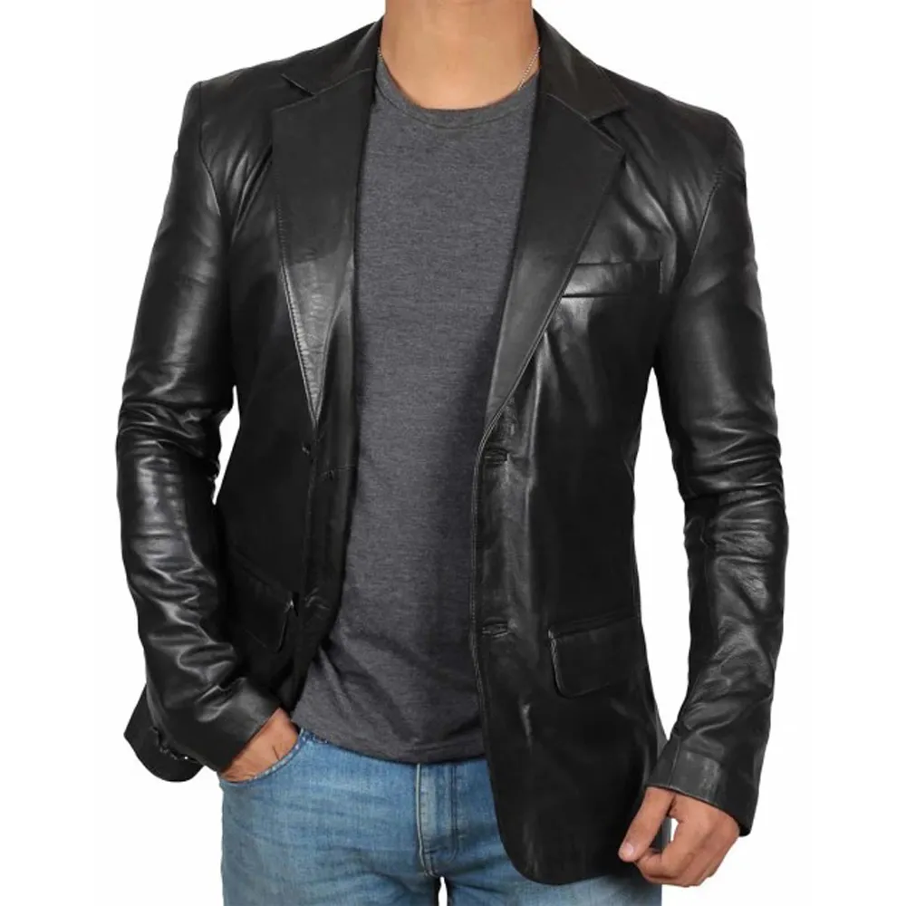 Men's Two-Button Blazer Black Leather Jacket by Jacket Field