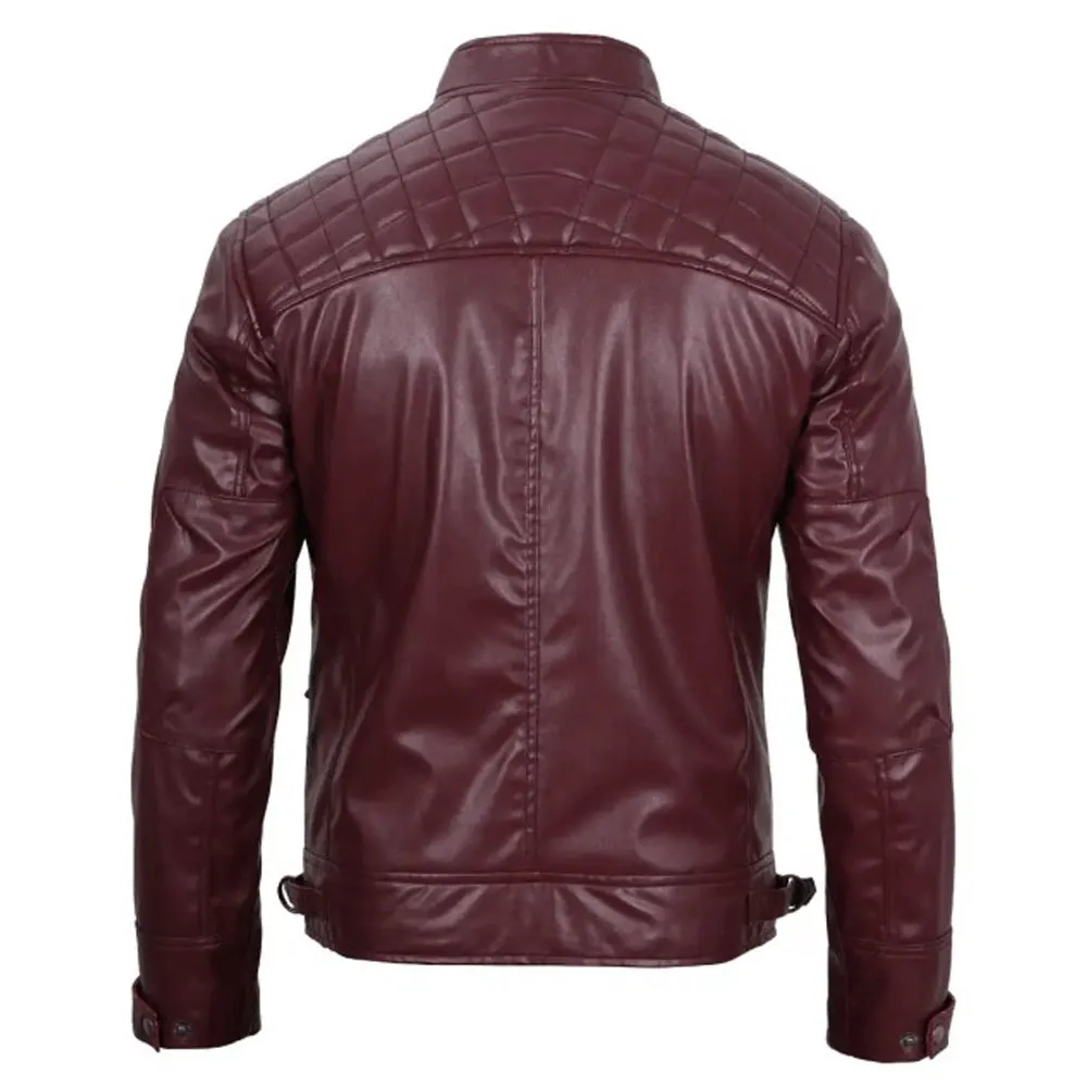 Mens Maroon Vegan Leather Quilted Biker Motorcycle Jacket by Jacket Field