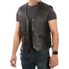 Mens Vintage V-Neck Black Leather Vest by Jacket Field