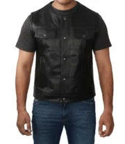 Western Style Mens Black Leather Vest by Jacket Field