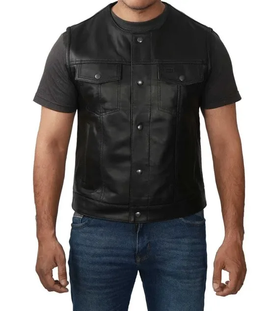 Western Style Mens Black Leather Vest by Jacket Field