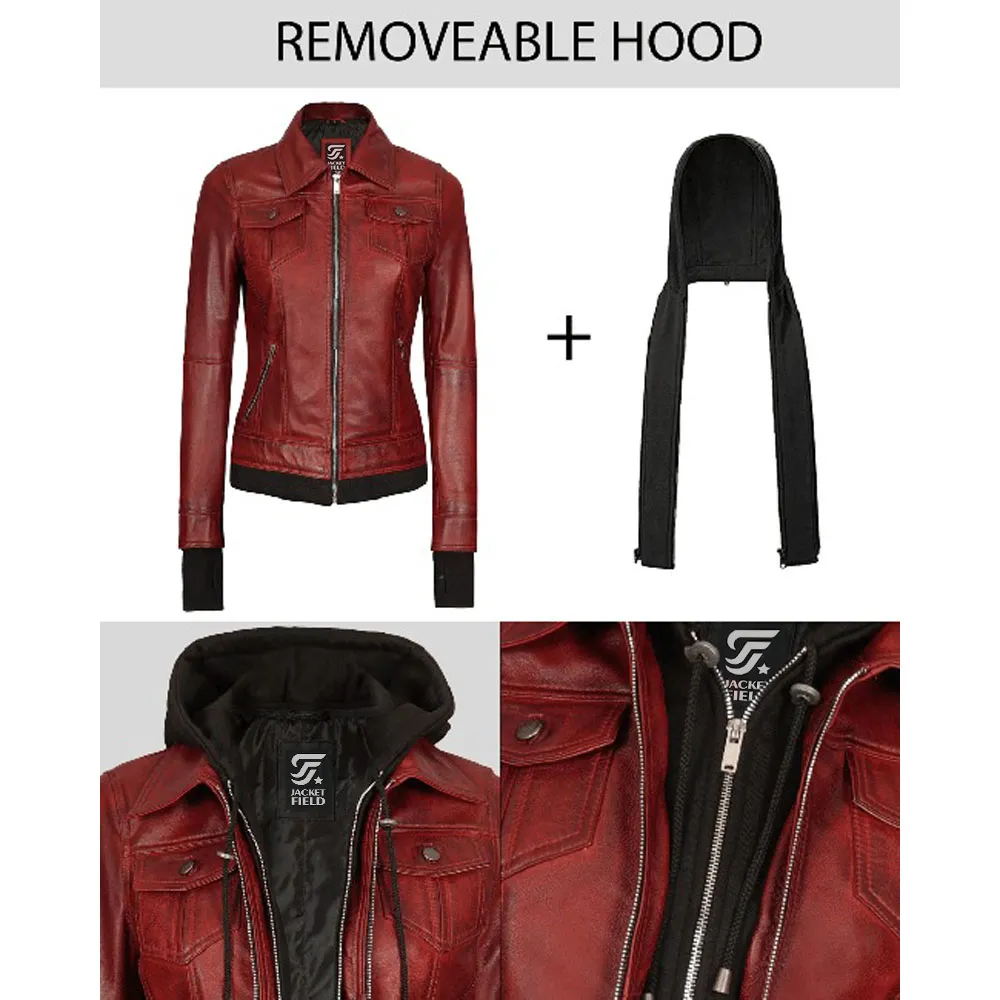 Tralee Maroon Leather Bomber Jacket Women with Removable Hood by Jacket Field