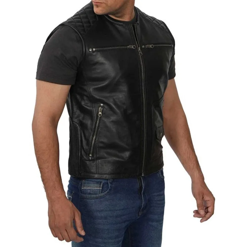 Winston Mens Black Quilted Leather Vest by Jacket Field