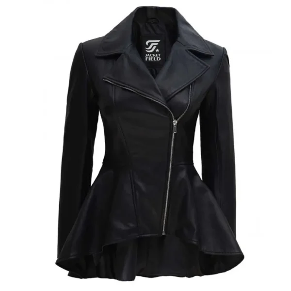 Women's Peplum Black Leather Jacket Asymmetrical Lambskin Biker Style By Jacket Field