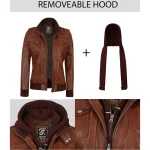 Cognac Brown Leather Bomber Jacket Women with Removable Hood by Jacket Field