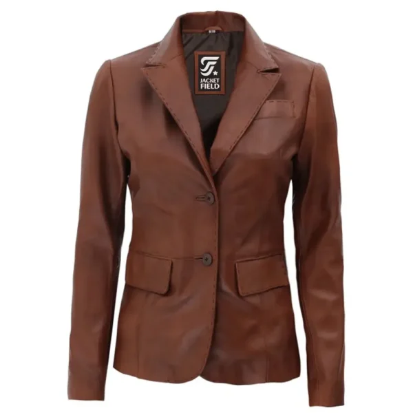 Womens Two-Button Brown Leather Jacket by Jacket Field