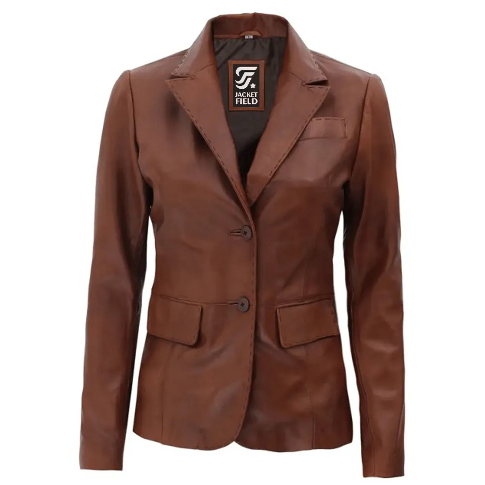 Womens Two-Button Brown Leather Jacket by Jacket Field