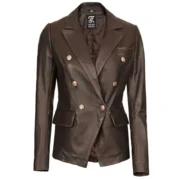 Womens Double-Breasted Rub Off Brown Leather Jacket by Jacket Field