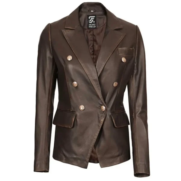Womens Double-Breasted Rub Off Brown Leather Jacket by Jacket Field