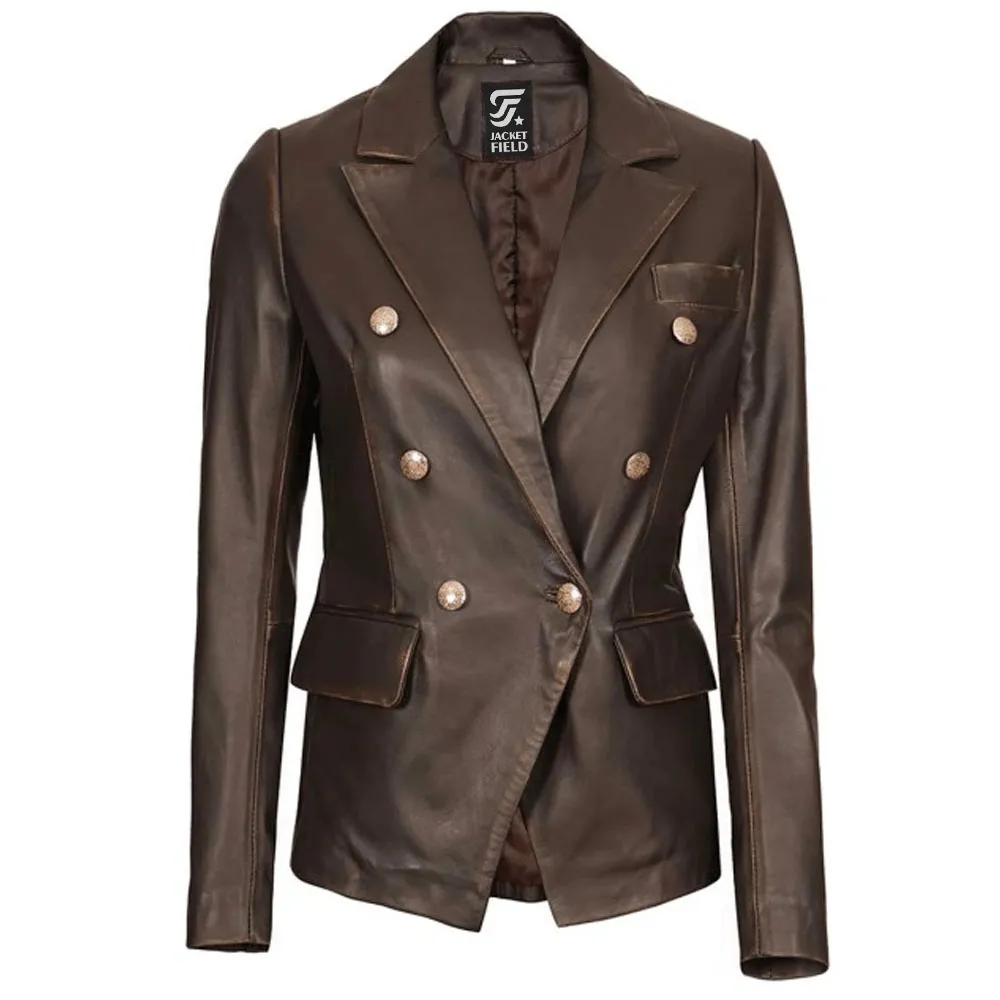 Womens Double-Breasted Rub Off Brown Leather Jacket by Jacket Field