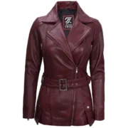 Womens Asymmetrical Biker Maroon Leather Jacket by Jacket field