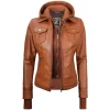 Tan Wax Leather Bomber Jacket Women with Detachable Hood by Jacket Field