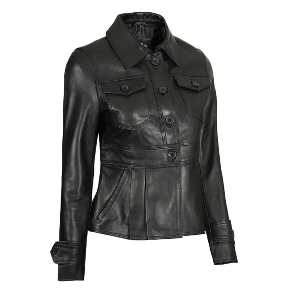 Gladys Women’s Short Body Peplum Black Leather Jacket By Jacket Field