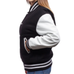 Womens Black Wool Body & Bright Leather Sleeves Clothing Varsity Jacket by Jacket Field