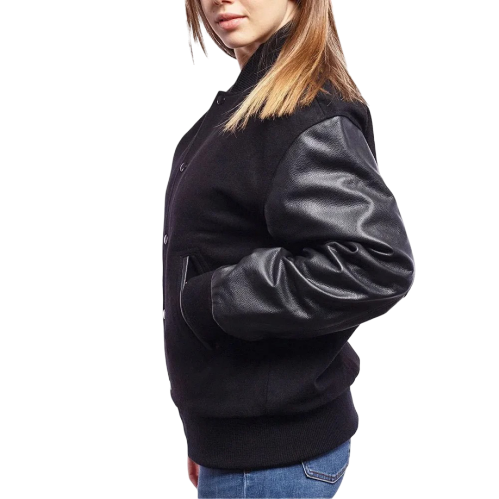 Womens Black Wool & Leather Clothing Varsity Jacket by Jacket Field