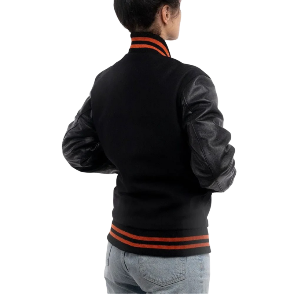Womens Black Clothing Varsity Jacket with Orange Stripes by Jacket Field