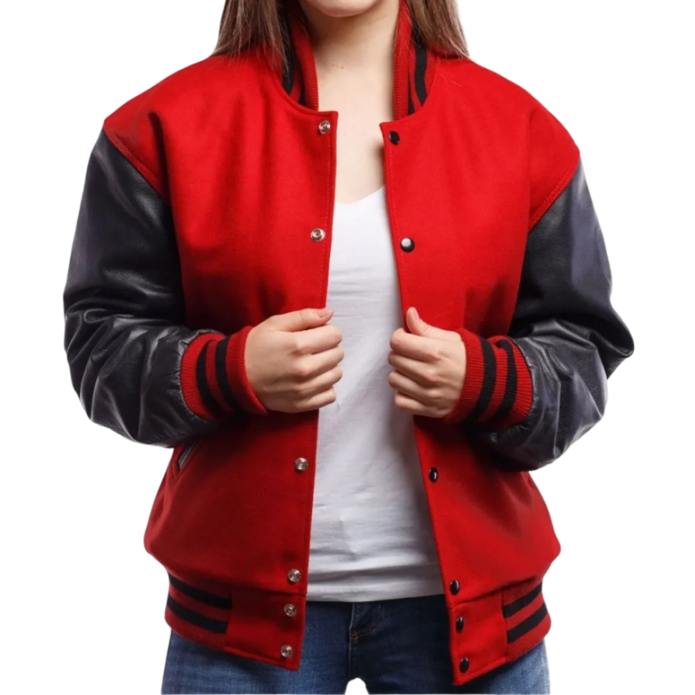 Womens Red Wool Body & Black Leather Sleeves Clothing Varsity Jacket by Jacket Field
