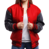 Womens Red Wool Body & Black Leather Sleeves Clothing Varsity Jacket by Jacket Field