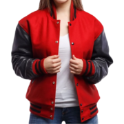Womens Red Wool Body & Black Leather Sleeves Clothing Varsity Jacket by Jacket Field