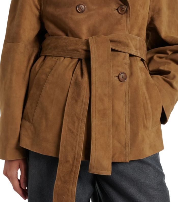 Womens Light Kaki Leather Double-Breasted Suede Jacket