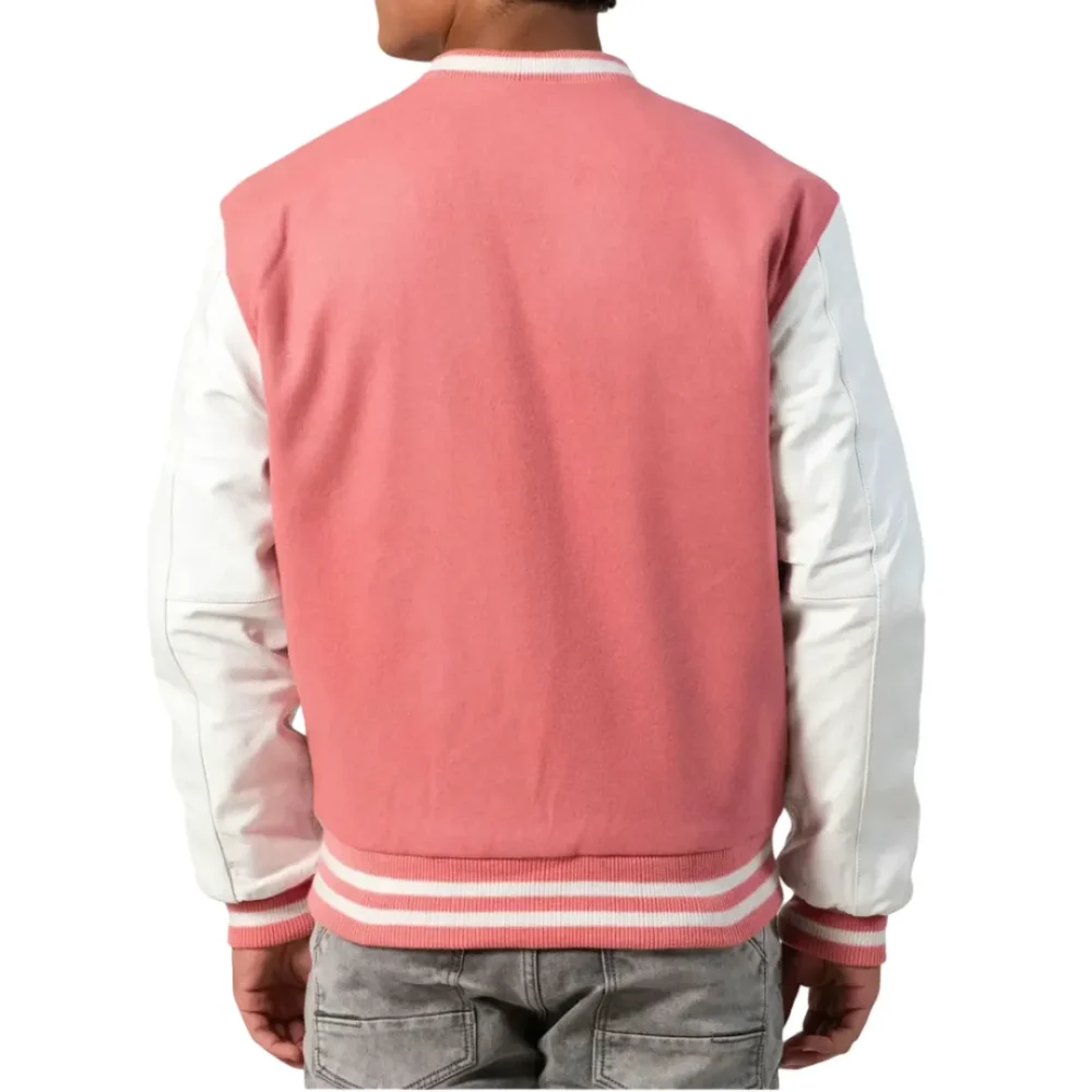 Mens Pink & White Leather Sleeves Clothing Varsity Jacket by Jacket Field