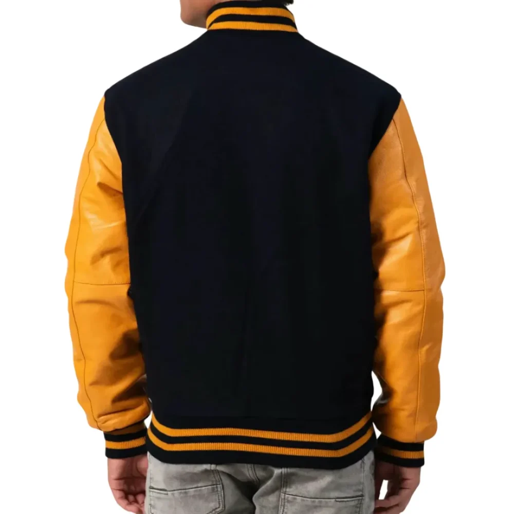 Mens Black & Bright Gold Leather Sleeves Clothing Varsity Jacket by Jacket Field