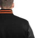 Mens Black Wool & Leather Varsity Jacket with Orange Stripes by Jacket Field