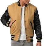 Mens Camel & Black Leather Sleeves Varsity Jacket by Jacket Field
