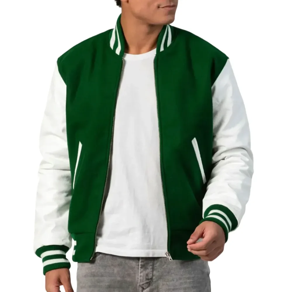 Mens Kelly Green & White Clothing Varsity Jacket by Jacket Field