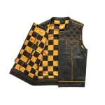 Gold Checker Style Mens Black Cowhide Leather Vest by Jacket Field