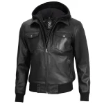 Mens Black Leather Bomber Jacket with Hood by Jacket Field