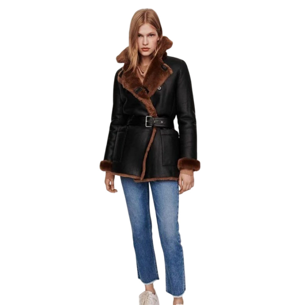 Womens Black Faux Leather Shearling Jacket by Jacket Field