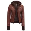 Dark Brown Leather Bomber Jacket Women with Removable Hood by Jacket Field