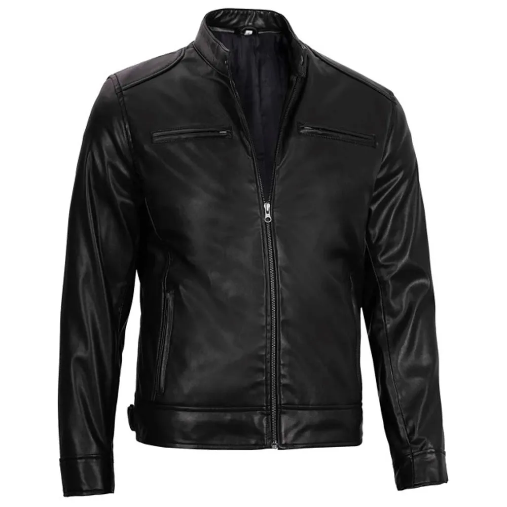 Mens Cafe Racer Vegan Black Leather Jacket by Jacket Field