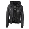 Black Leather Bomber Jacket Women with Removable Hood by Jacket Field