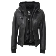 Black Leather Bomber Jacket Women with Removable Hood by Jacket Field