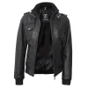 Black Leather Bomber Jacket Women with Removable Hood by Jacket Field