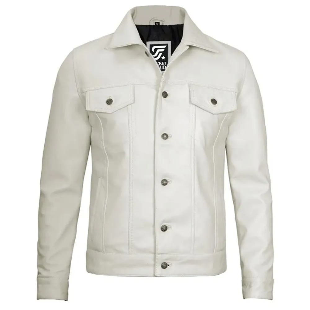 Fernando Mens Leather Trucker Off White Jacket by Jacket Field